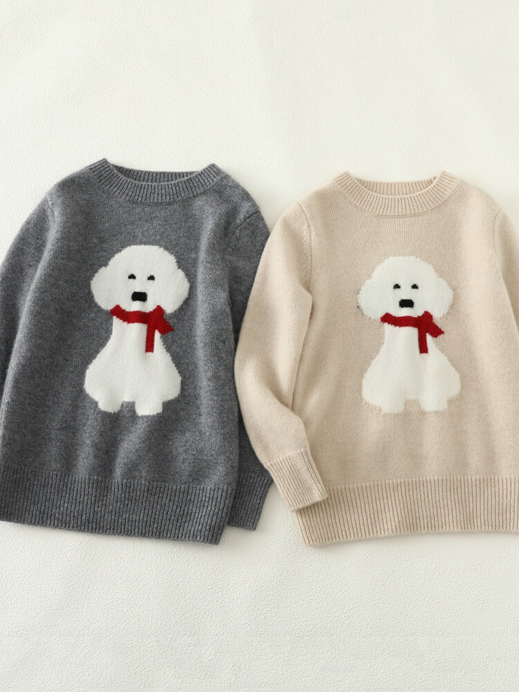 Kids Soft Puppy Intarsia Thick Cashmere Crew Neck Sweater